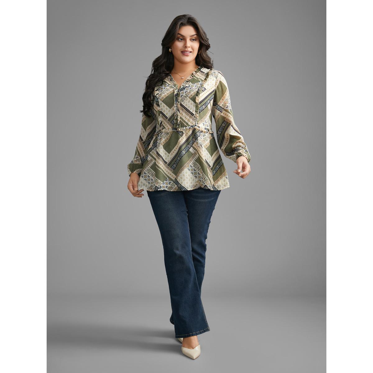 Plus Size Beige Bandana Print V Neck Ruffle Trim Blouse Women Elegant Long Sleeve V-neck Everyday Blouses BloomChic 10/M Product Image
