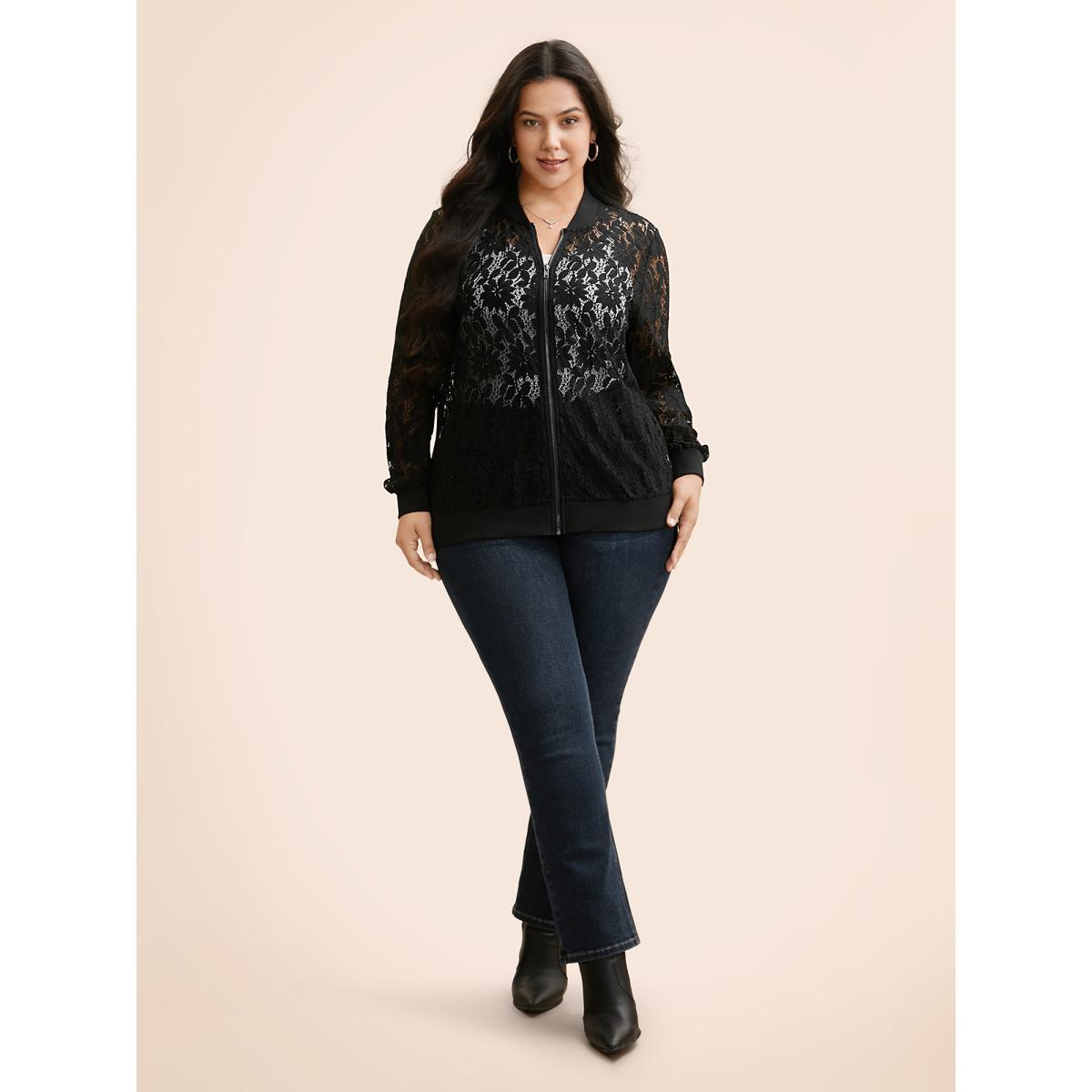 Plus Size Lace Panel Zipper See Through Jacket Women Black See through Everyday Jackets BloomChic 28/5X Product Image