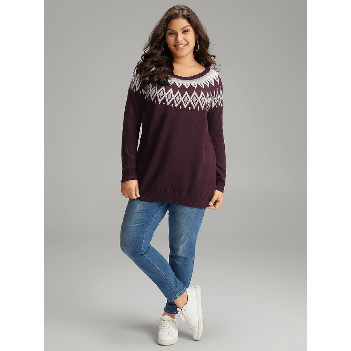 Plus Size Supersoft Essentials Geo Contrast Raglan Sleeve Pullover Eggplant Women Casual Loose Long Sleeve Round Neck Dailywear Pullovers BloomChic 22-24/3X Product Image