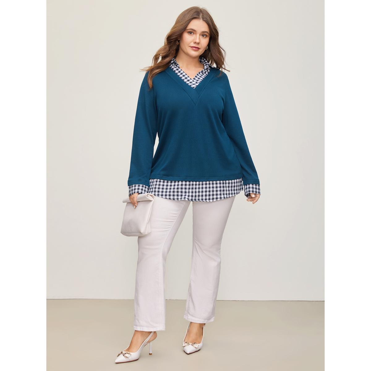 Plus Size Gingham Patchwork Shirt Collar Arc Hem Sweatshirt Women Blue Casual Patchwork V-neck Everyday Sweatshirts BloomChic 14-16/1X Product Image