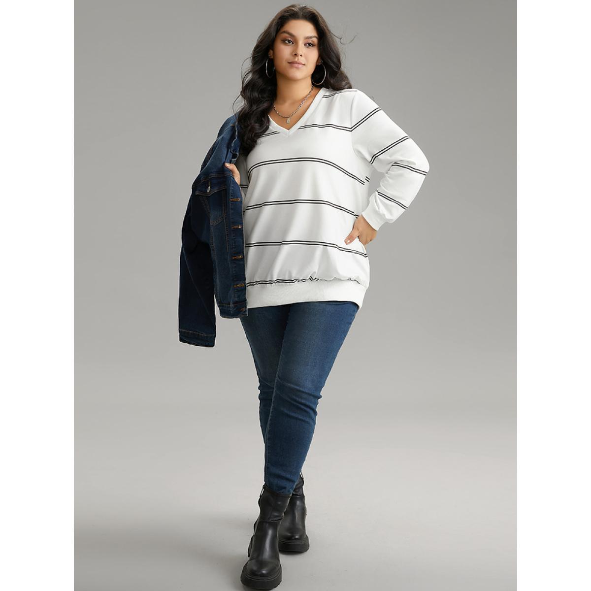 Plus Size Rib Knit Striped V Neck Sweatshirt Women White Casual Rib Knit V-neck Dailywear Sweatshirts BloomChic 22-24/3X Product Image