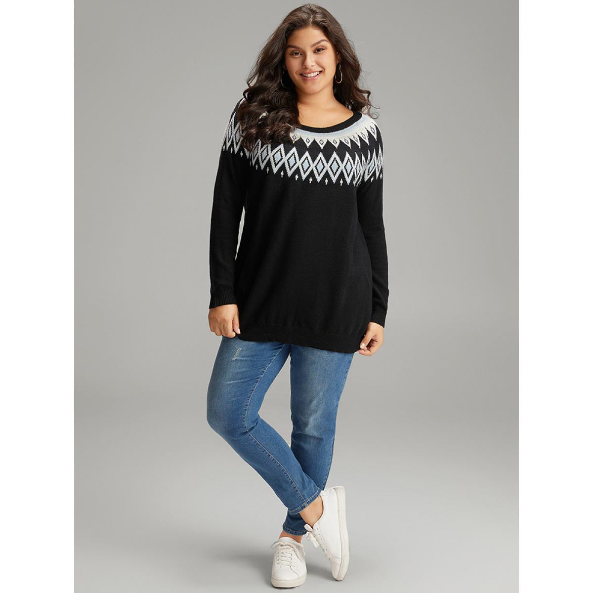 Plus Size Supersoft Essentials Geo Contrast Raglan Sleeve Pullover Black Women Casual Loose Long Sleeve Round Neck Dailywear Pullovers BloomChic 18-20/2X Product Image