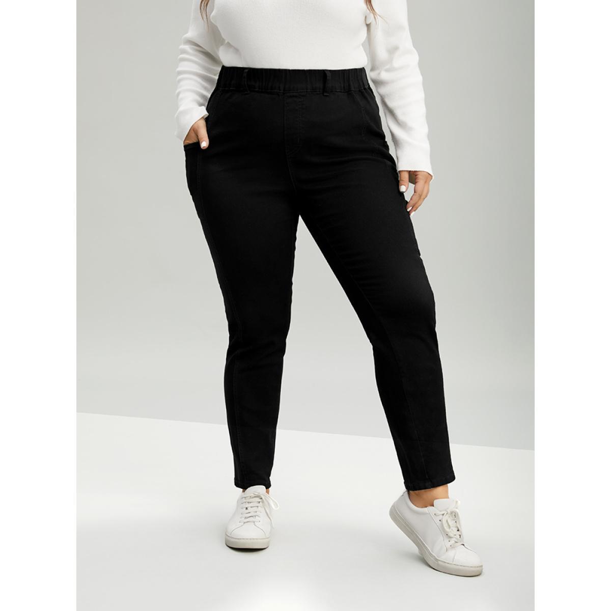 Plus Size Elastic Waist Side Pocket Skinny Jeans Women Black Casual Plain Plain High stretch Pocket Jeans BloomChic 26/4X Product Image