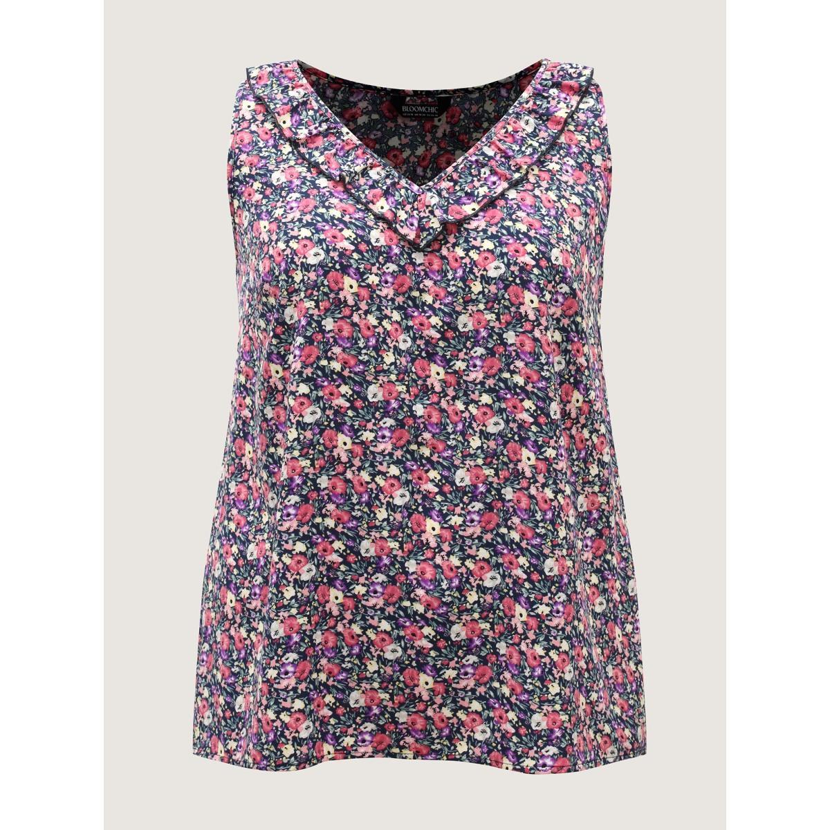 Plus Size Floral Print Lotus Neck Tank Top Women Indigo Ruffles V-neck Everyday-Elegant Tank Tops Camis BloomChic 26/4X Product Image