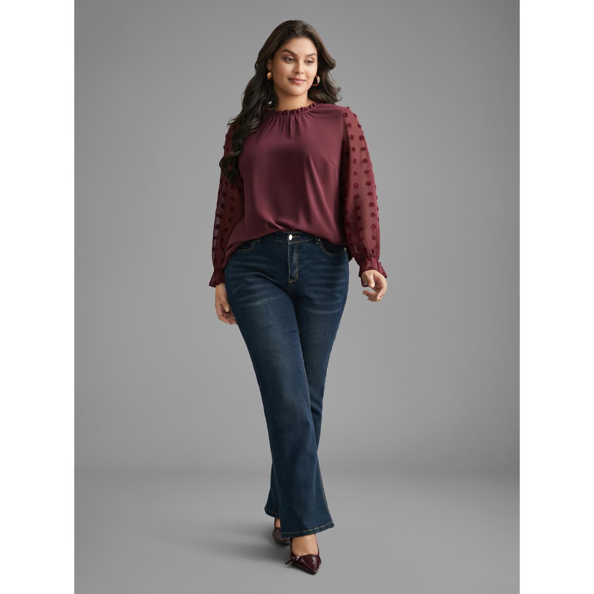 Plus Size Deepred Texture Ruffles Patchwork Gathered Blouse Women Elegant Long Sleeve Stand-up collar Everyday Blouses BloomChic 22-24/3X Product Image