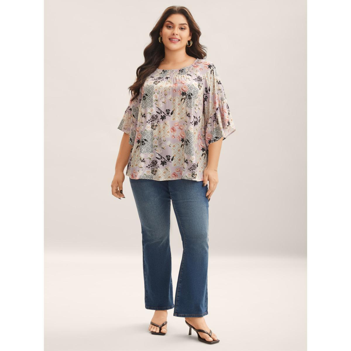 Plus Size Multicolor Floral Shirred Neck Flowy Blouse Women Elbow-length sleeve Round Neck Everyday-Elegant Blouses BloomChic 30/6X Product Image