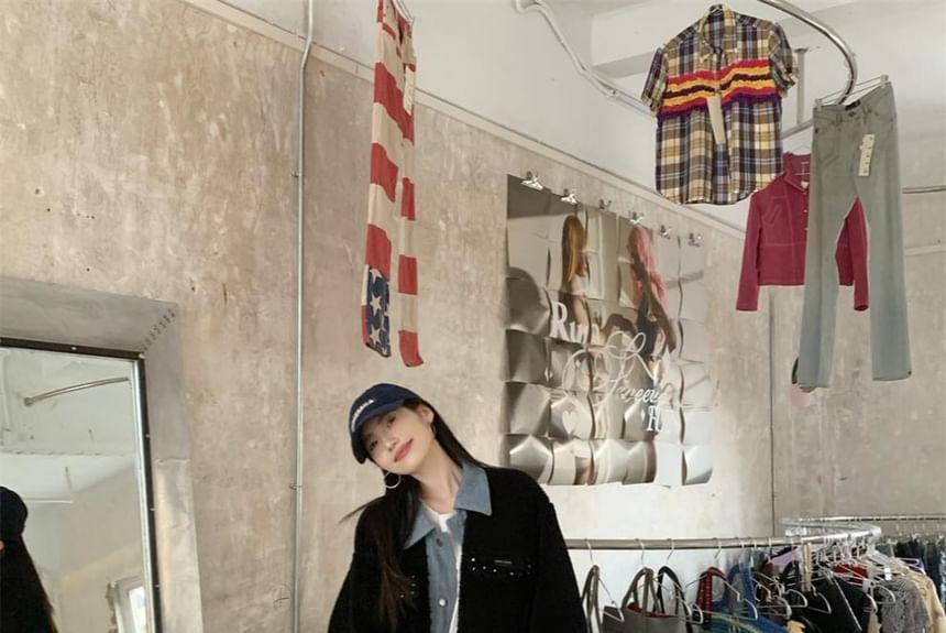 Collared Mock Two-Piece Denim Panel Button-Up Fleece Long Coat Product Image