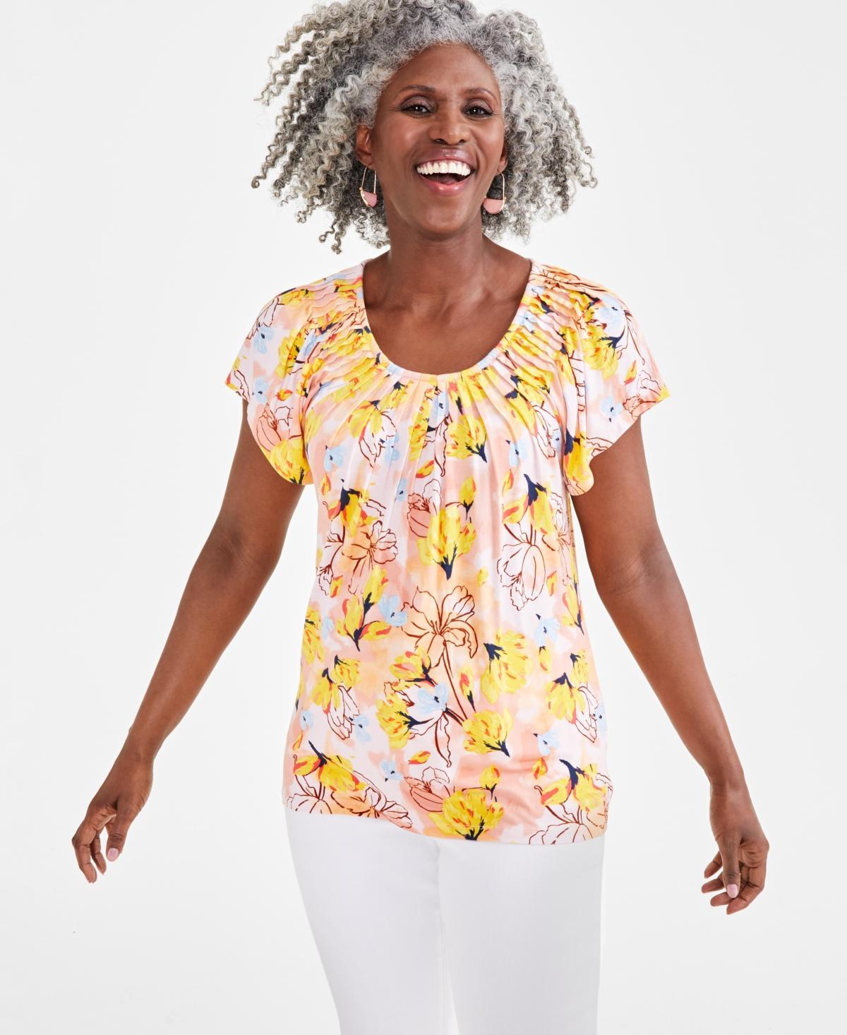 Style & Co Womens Printed Pleated Scoop-Neck Top, Created for Macys Product Image