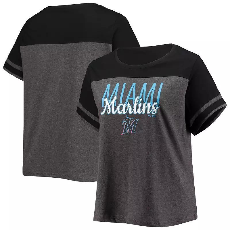 Women's Heathered Charcoal/Black Miami Marlins Plus Size Colorblock T-Shirt, Size: 3XL Product Image