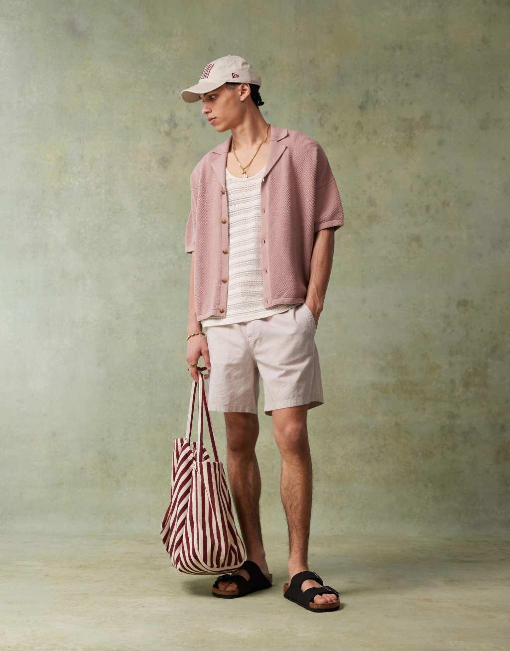 ASOS DESIGN oversized boxy fit knit textured camp collar polo shirt in dusky pink Product Image