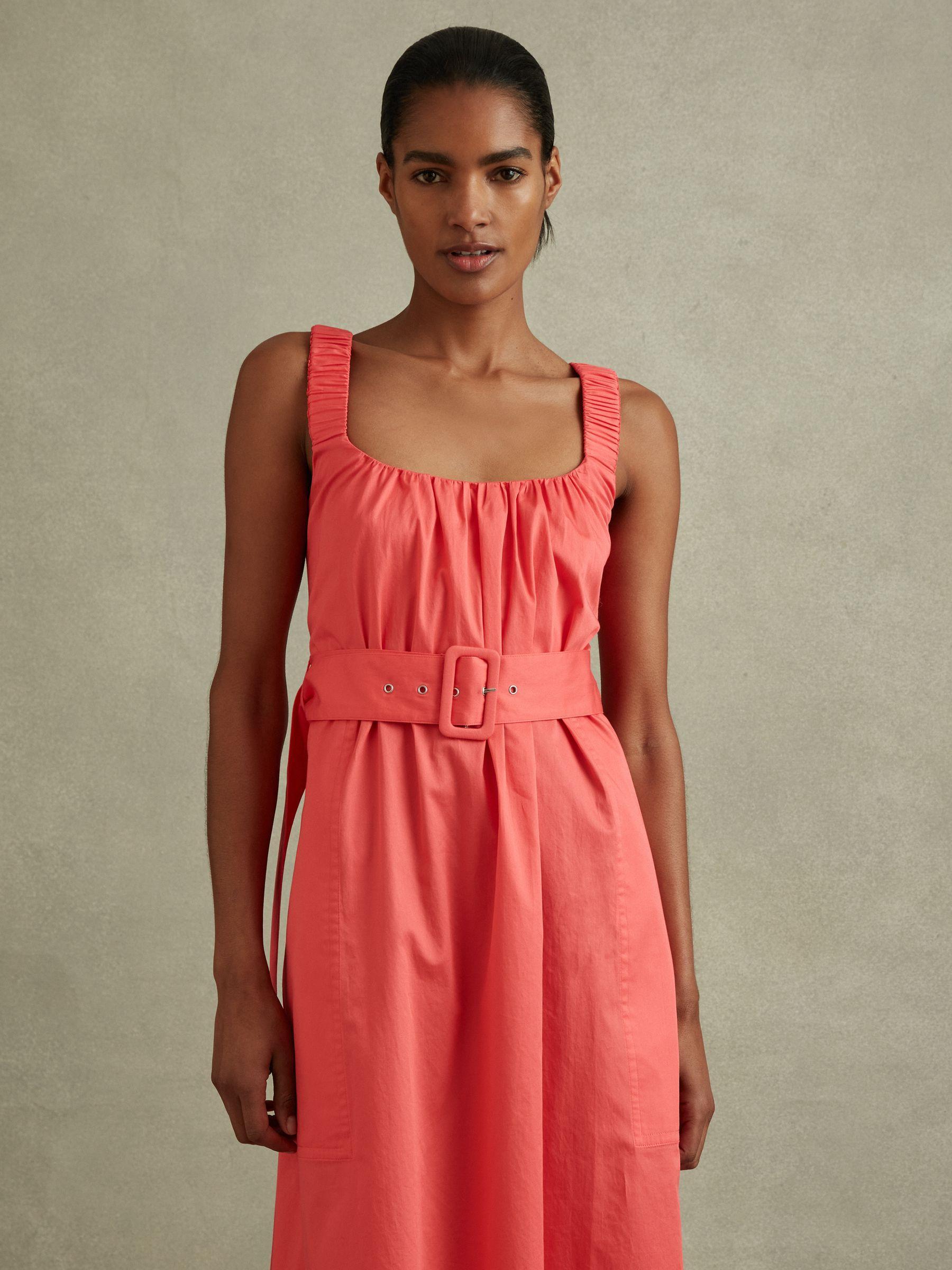 Cotton Ruched Strap Belted Midi Dress in Coral Product Image