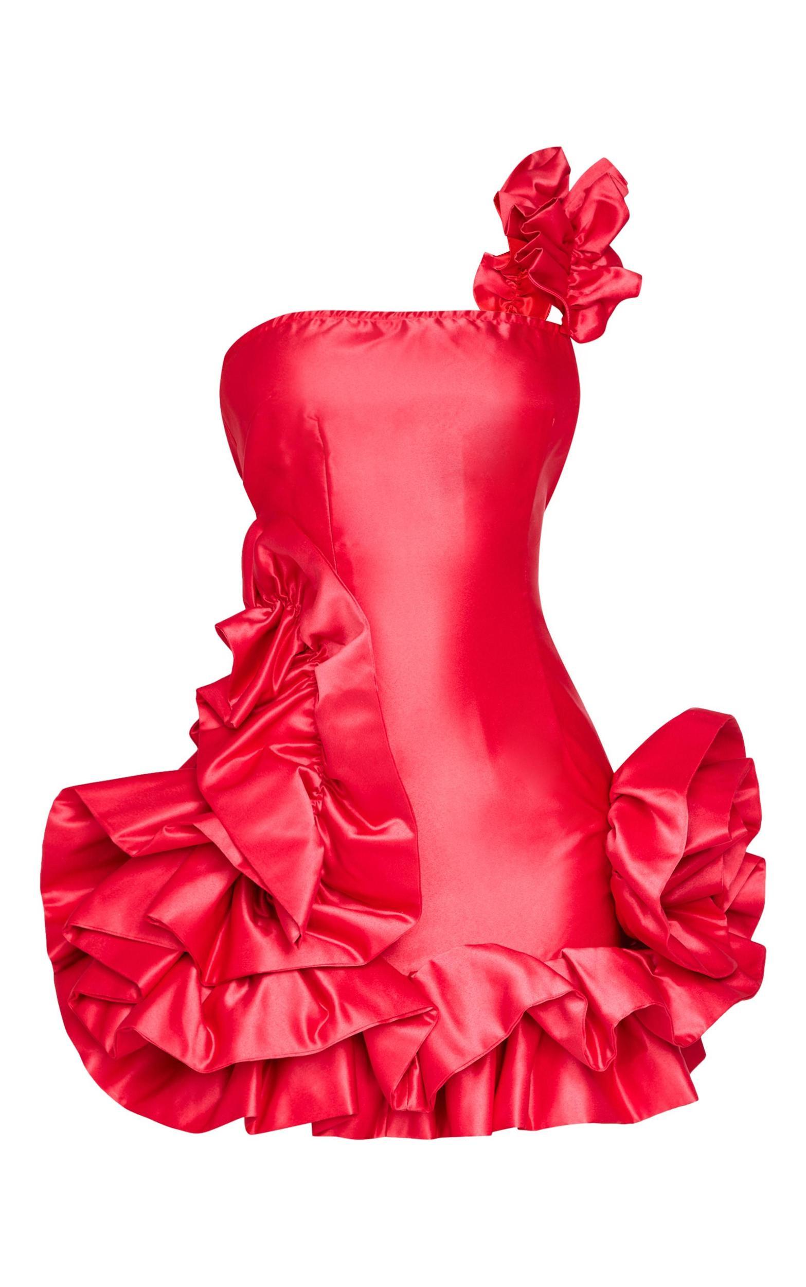 Petite Red Satin Ruffle Hem One Shoulder Mini Dress Product Image