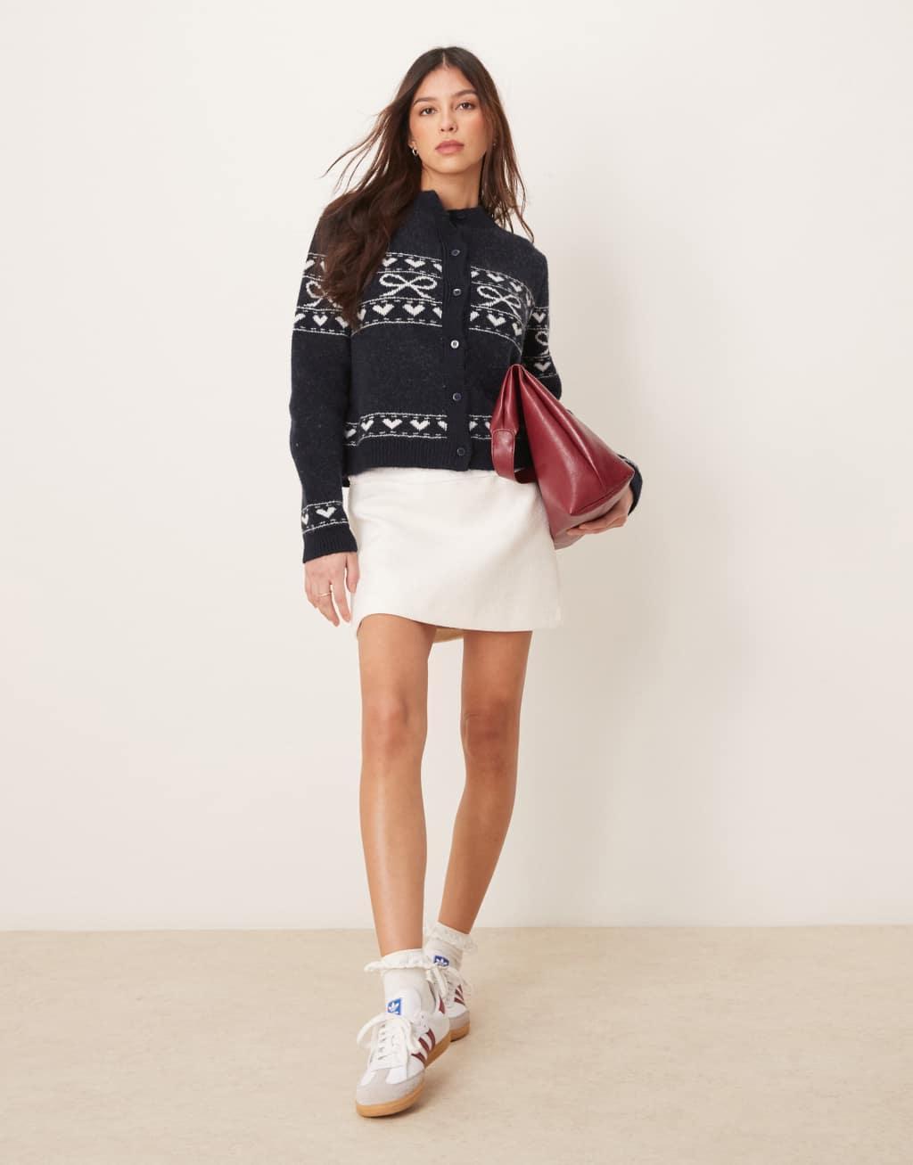 Miss Selfridge knit bow pattern valentine cardigan in navy Product Image
