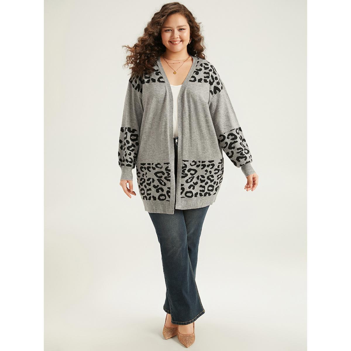 Plus Size Supersoft Essentials Leopard Contrast Elastic Cuffs Pullover DarkGray Women Casual Loose Long Sleeve Dailywear Cardigans BloomChic 22-24/3X Product Image