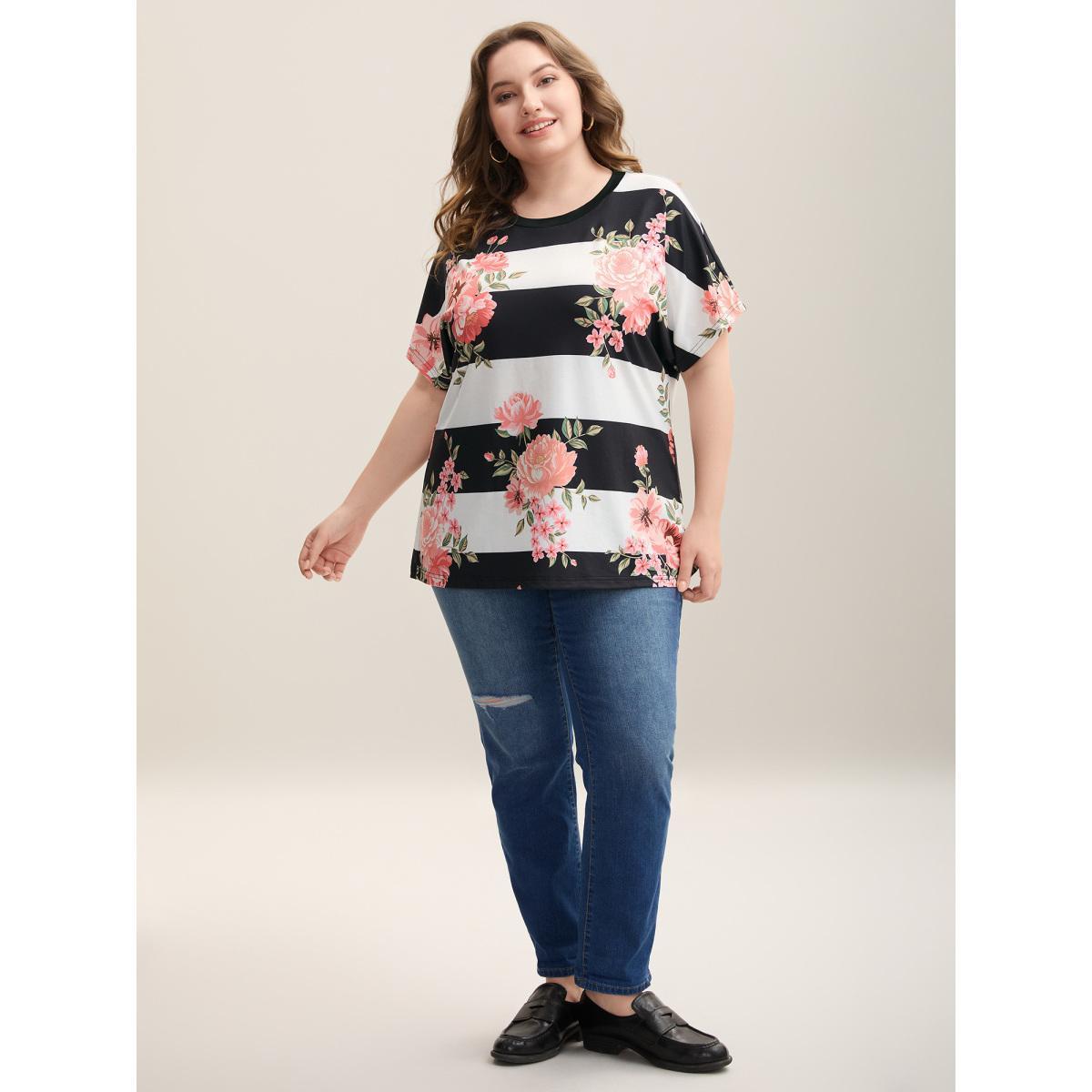 Plus Size Floral Stripes Print Stretchy T-Shirt Multicolor Women Casual Contrast Natural Flowers Round Neck Everyday T-shirts BloomChic 10/M Product Image