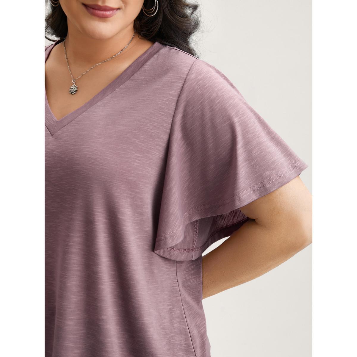Plus Size V-Neck Stretchy Flared Sleeve T-Shirt DustyPink Women Casual Ruffles V-neck Everyday T-shirts BloomChic 18-20/2X Product Image