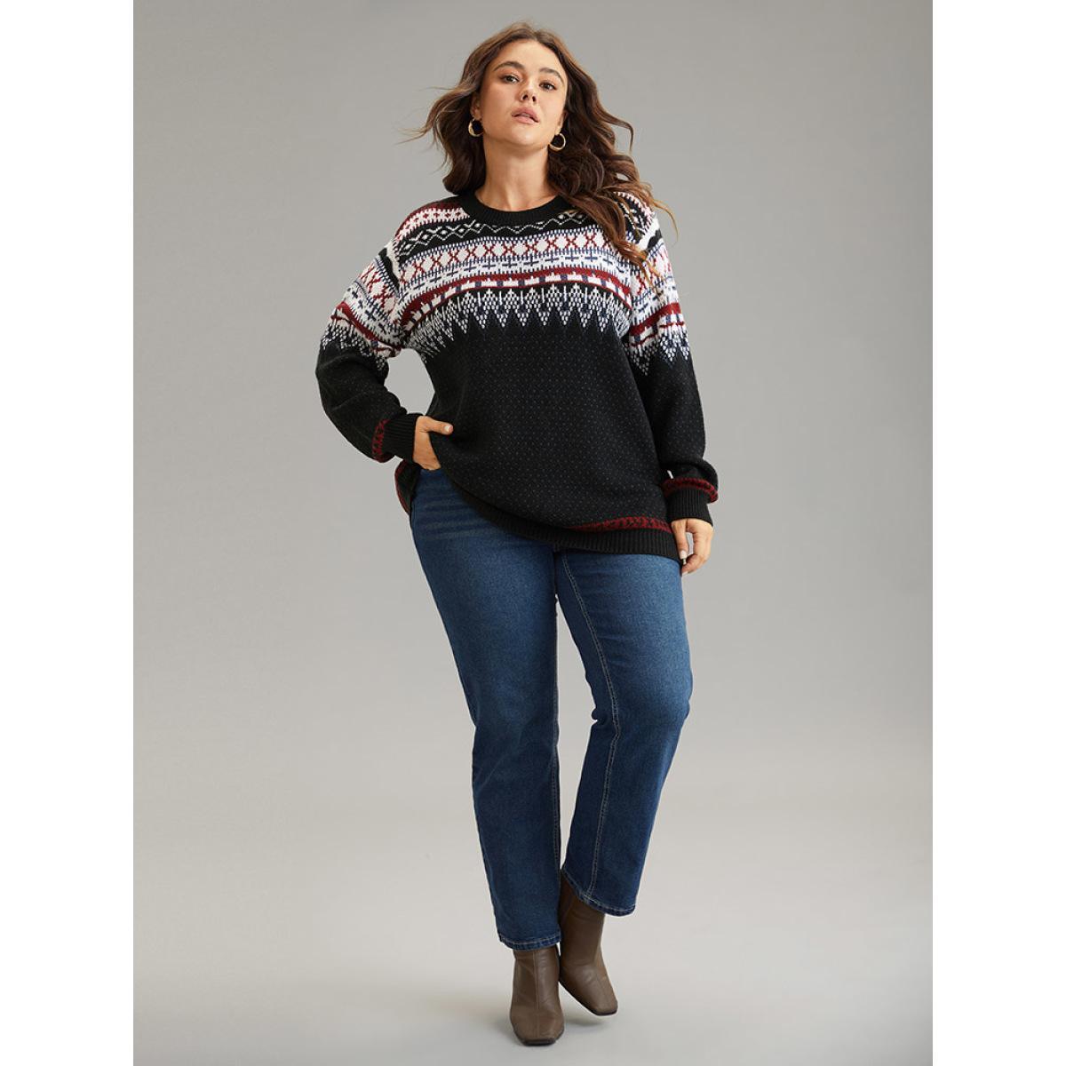 Plus Size Bandana Print Loose Elastic Cuffs Pullover Black Women Casual Loose Long Sleeve Round Neck Dailywear Pullovers BloomChic 10/M Product Image
