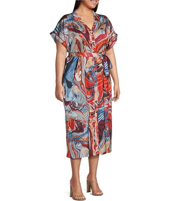 Skies Are Blue Plus Abstract Printed Short Sleeve Shirtdress Product Image