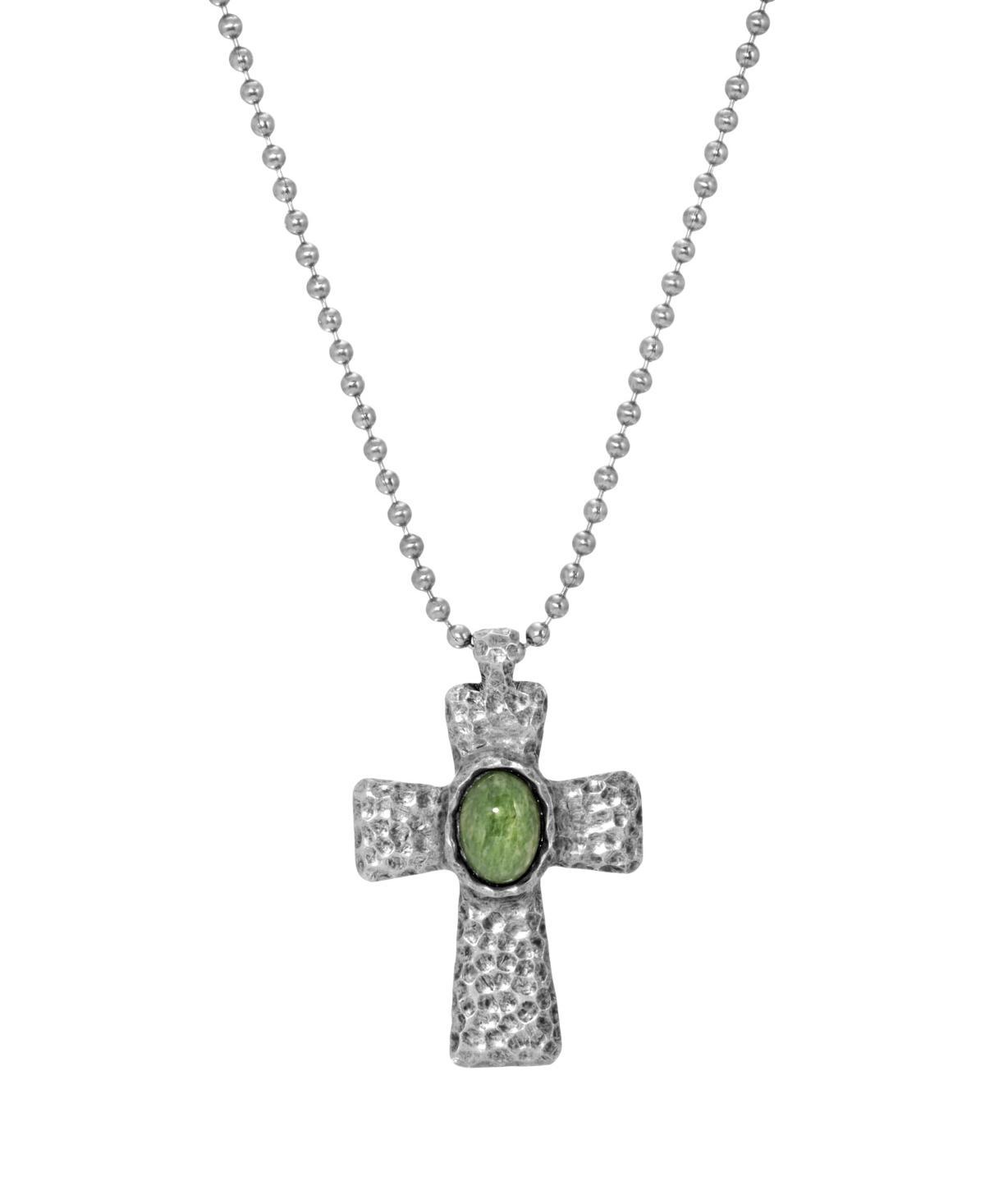 Mens Symbols of Faith Silver Tone Hammered Embellished Cross Necklace, Green Product Image