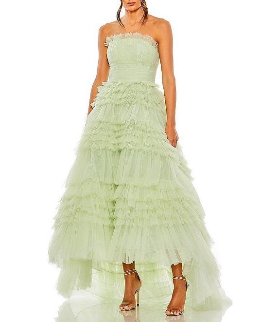 Mac Duggal Strapless Tiered Ruffle Tulle Hi Lo A-Line Gown Product Image