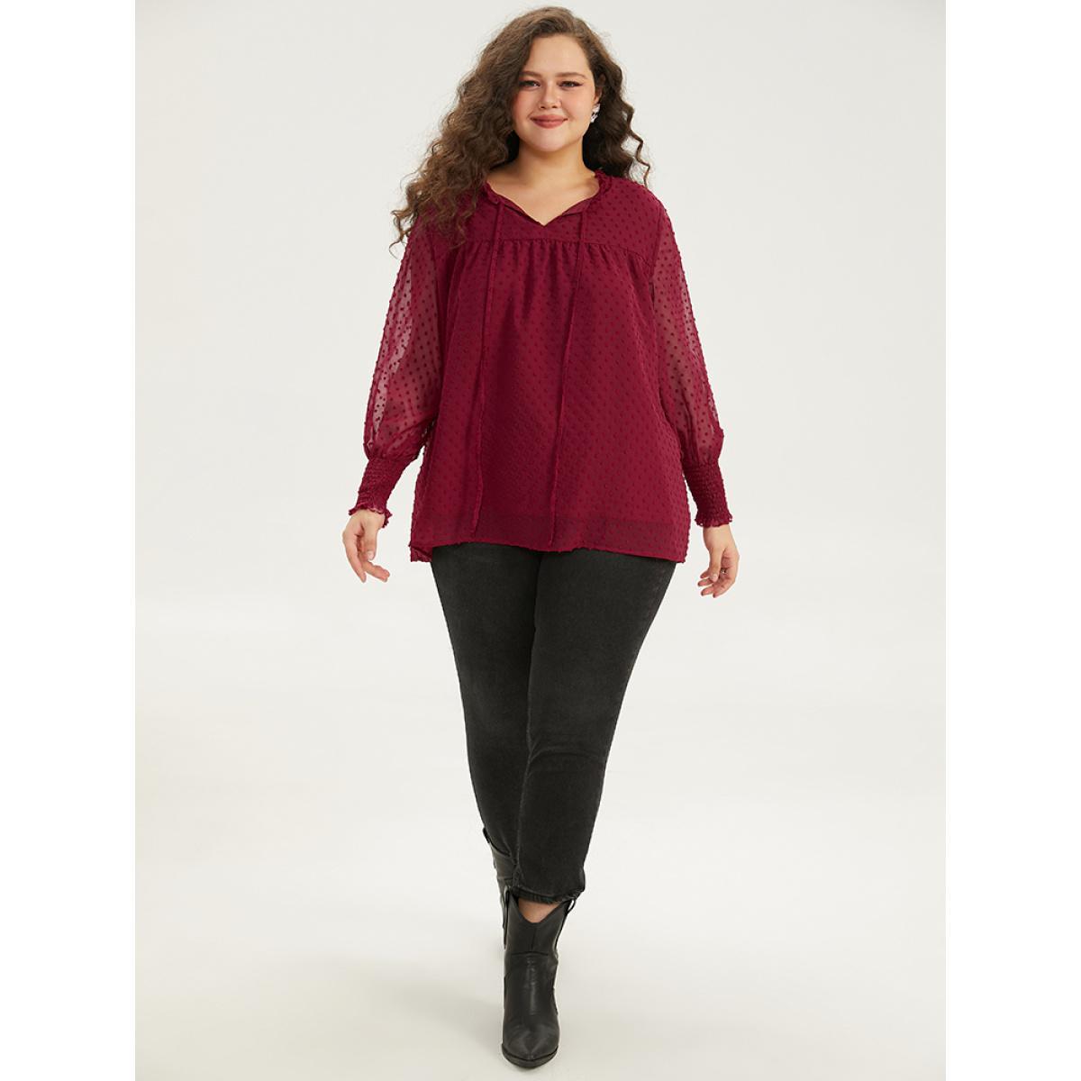 Plus Size Scarlet Halloween Solid Tie Neck Shirred Blouse Women Elegant Long Sleeve Tie Neck Festival-Halloween Blouses BloomChic 14-16/1X Product Image