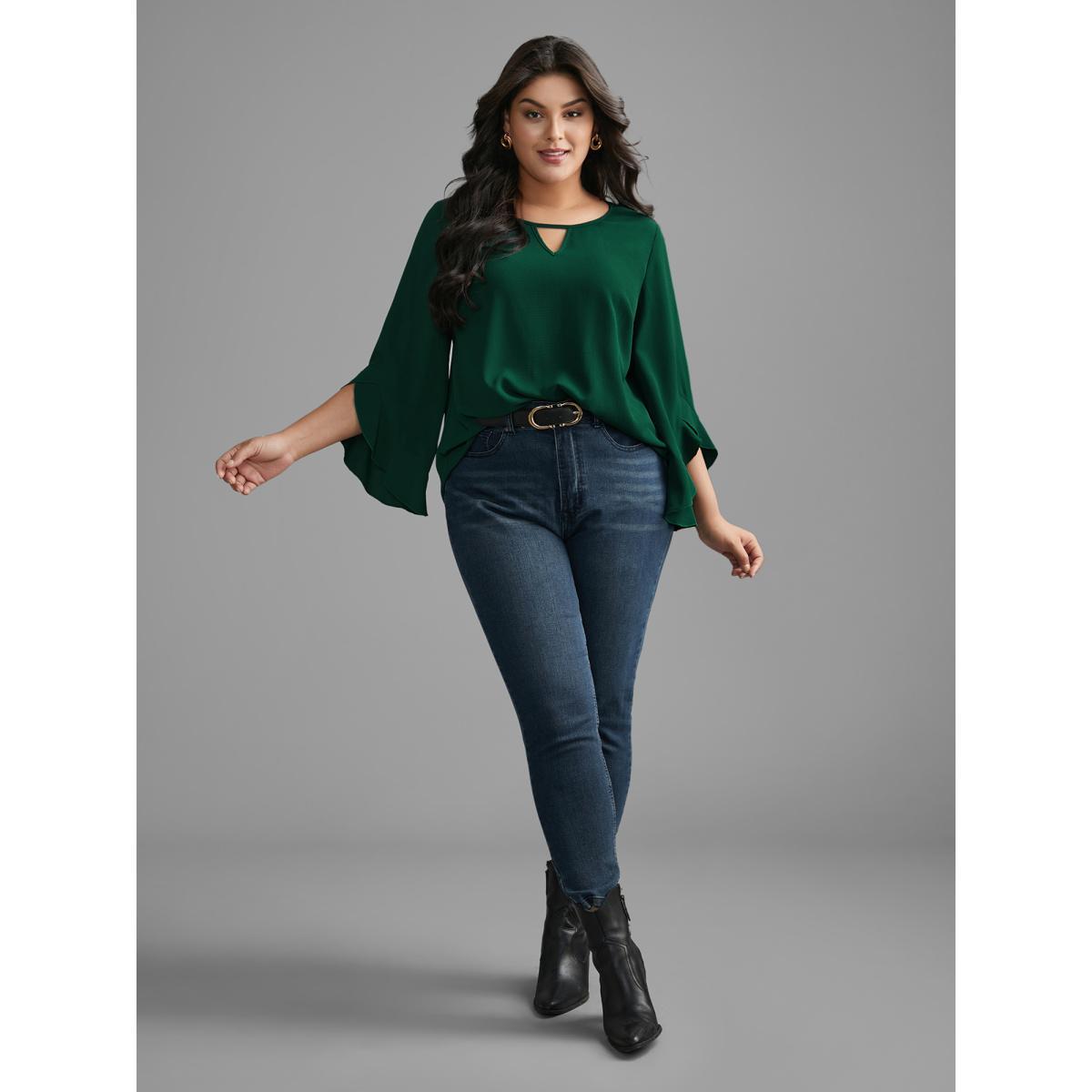 Plus Size Emerald Solid Keyhole Ruffle Sleeve Blouse Women Elegant Extra Long Sleeve Round Neck Everyday Blouses BloomChic 18-20/2X Product Image