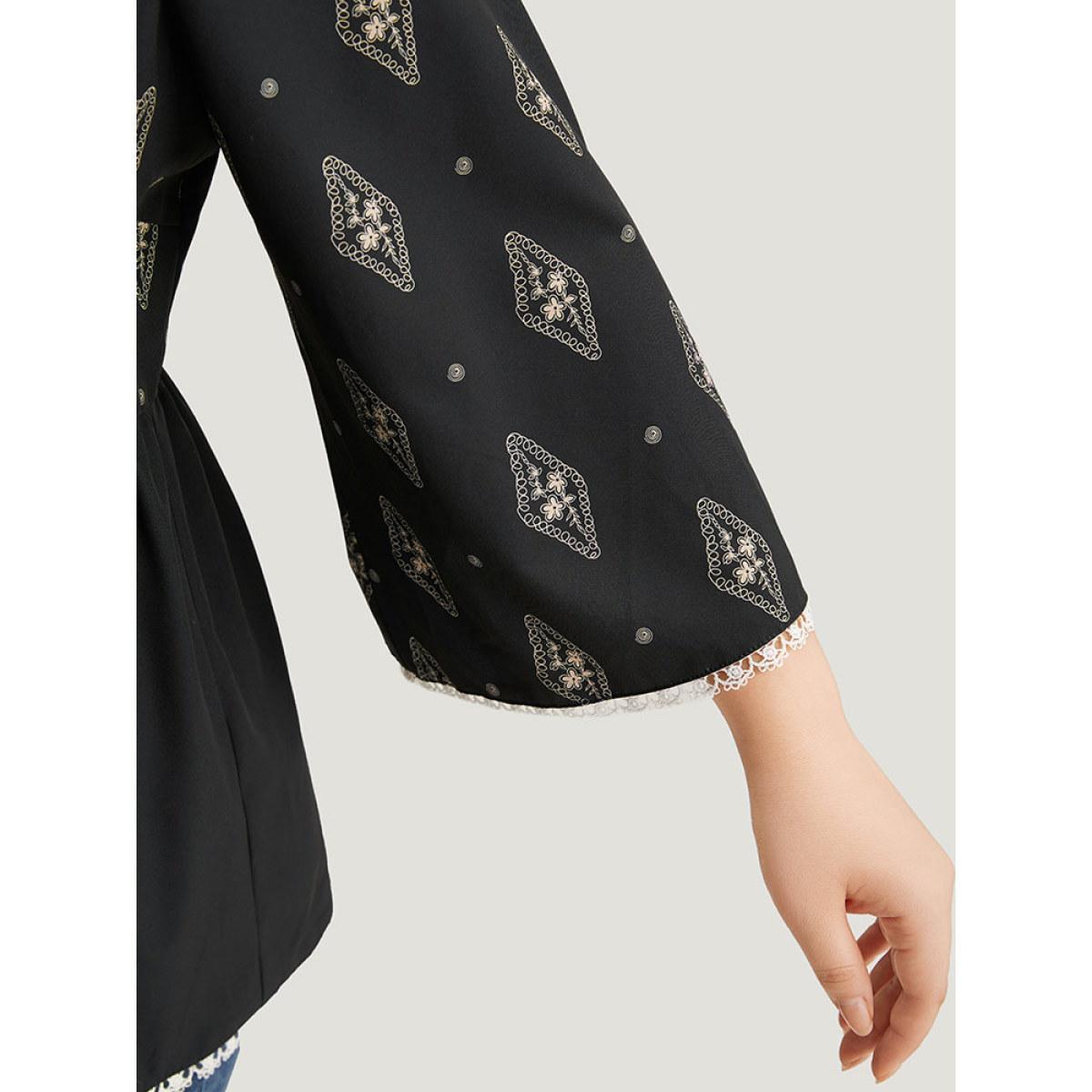 Plus Size Black Boho Print Guipure Lace V Neck Bell Sleeve Blouse Women Vacation Elbow-length sleeve V-neck Dailywear Blouses BloomChic 30/6X Product Image