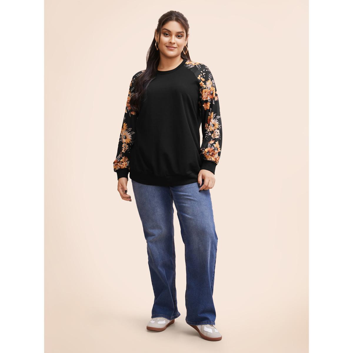 Plus Size Halloween Floral Patchwork Print Raglan Sleeve Sweatshirt Women Black Casual Elastic cuffs Round Neck Festival-Halloween Sweatshirts BloomChic 14-16/1X Product Image