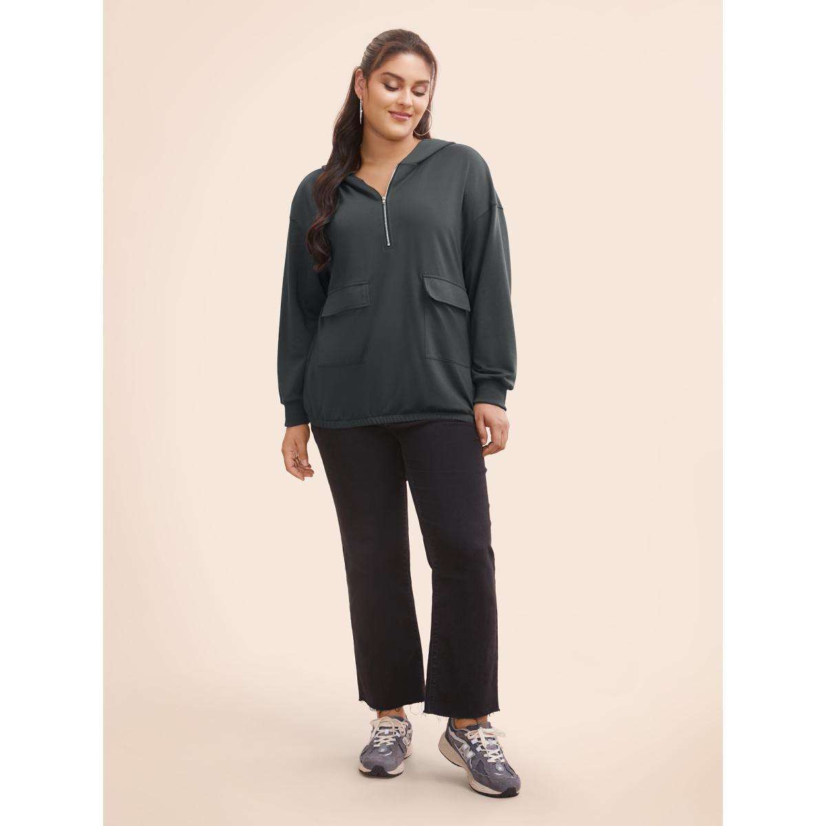 Plus Size Half Zip Hooded Pocket Sweatshirt Women DimGray Casual Patchwork Hooded Everyday Sweatshirts BloomChic 18-20/2X Product Image