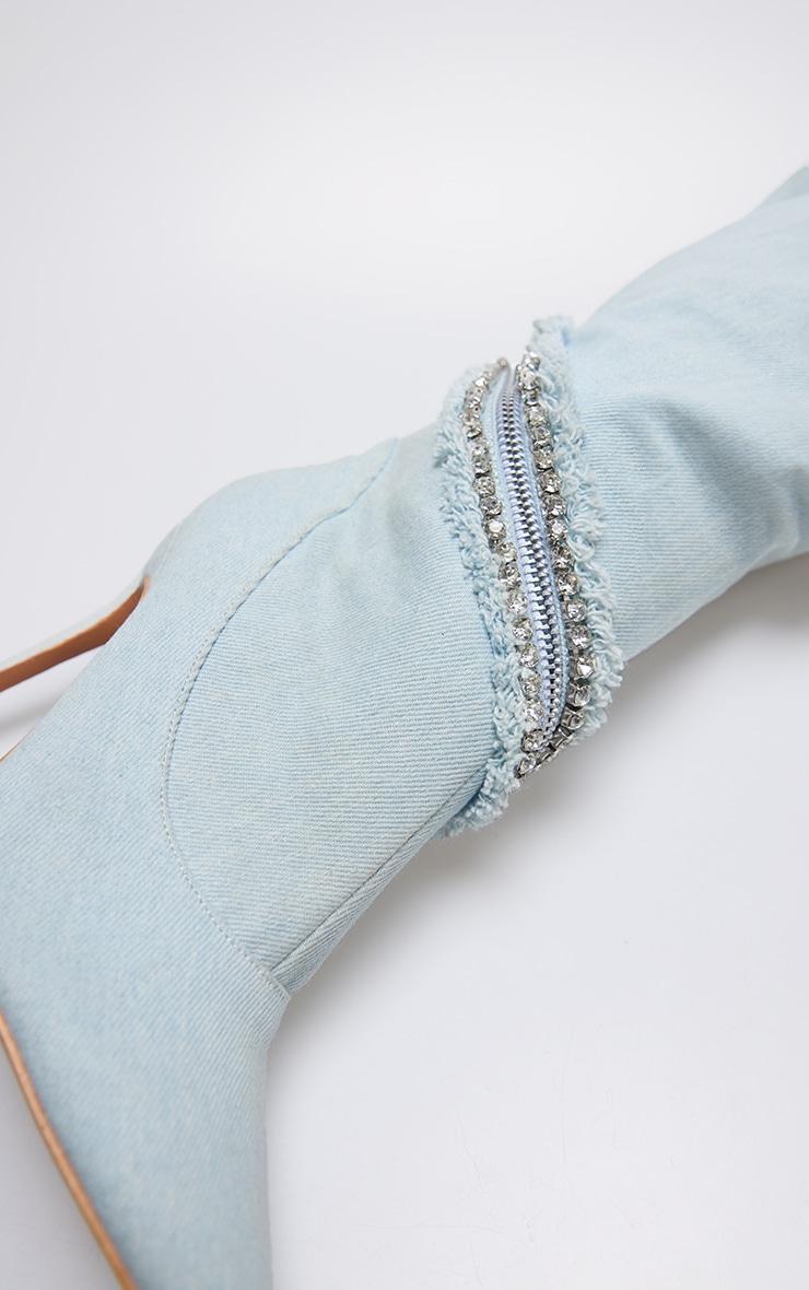 Light Blue Denim Point Toe Diamante Zip High Stiletto Knee High Boots Product Image