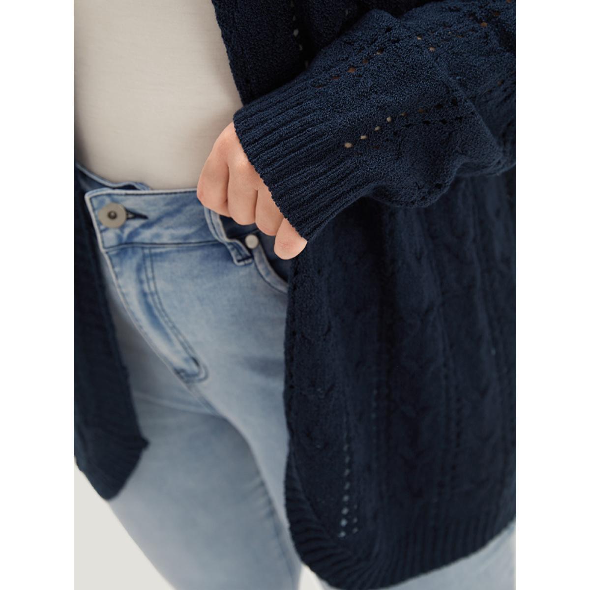 Plus Size Plain Eyelet Curved Hem Drop Shoulder Cardigan Indigo Women Casual Loose Long Sleeve Everyday Cardigans BloomChic 28/5X Product Image