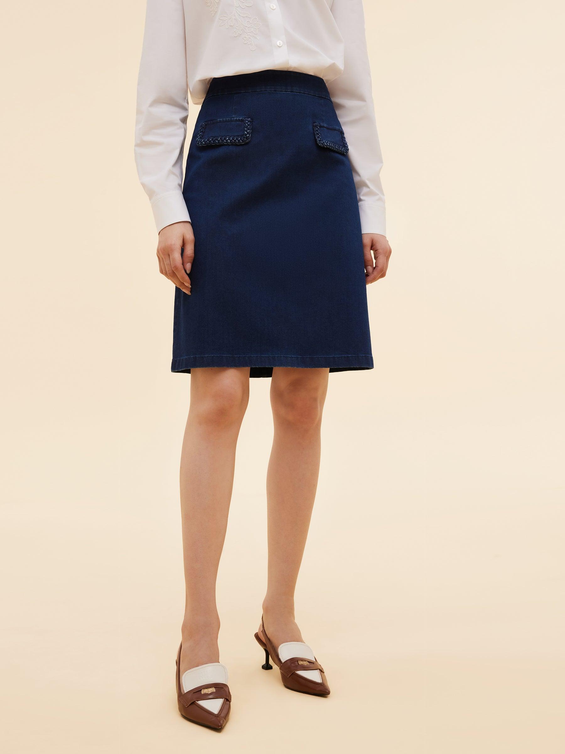 Denim Handwoven Trim Women A-Line Skirt Product Image