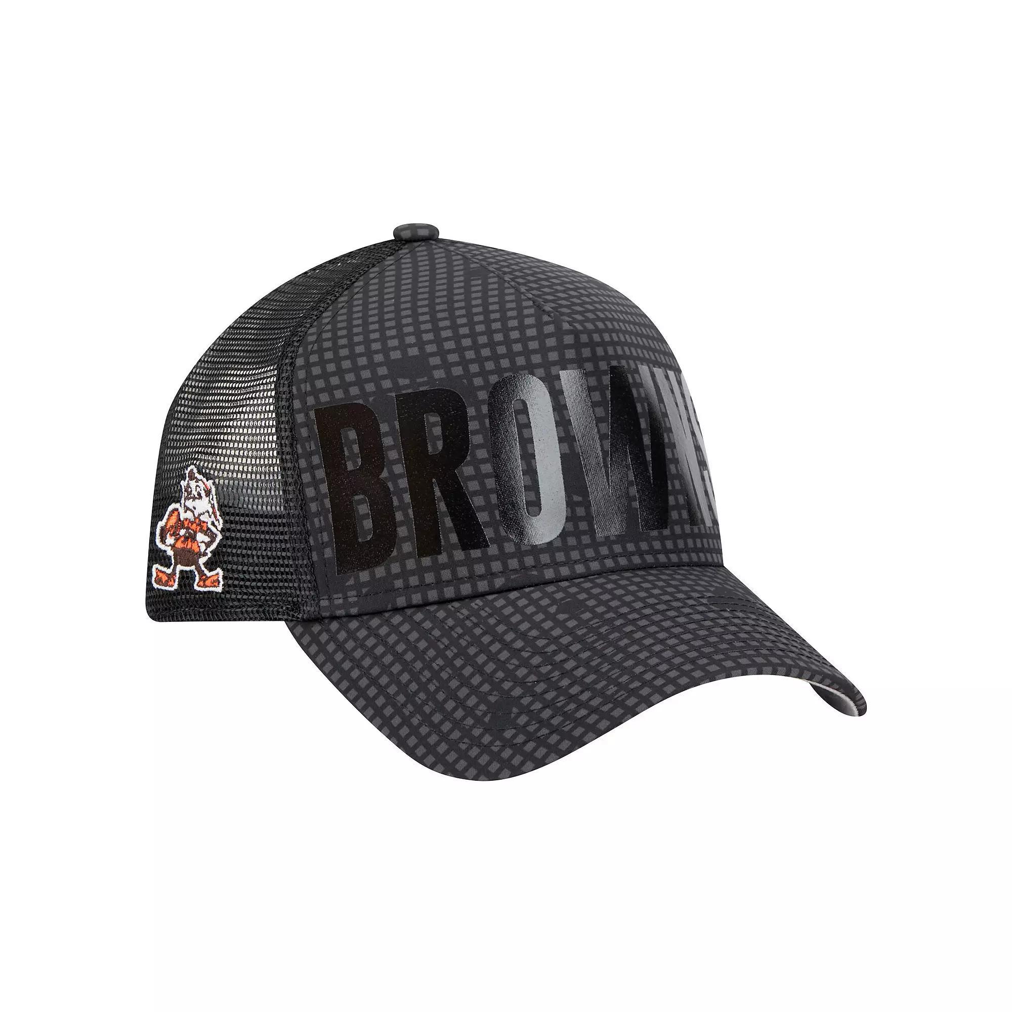 Mens New Era Cleveland Browns Throwback Midnight Ink Tonal Text A-Frame Trucker 9FORTY Adjustable Hat Product Image