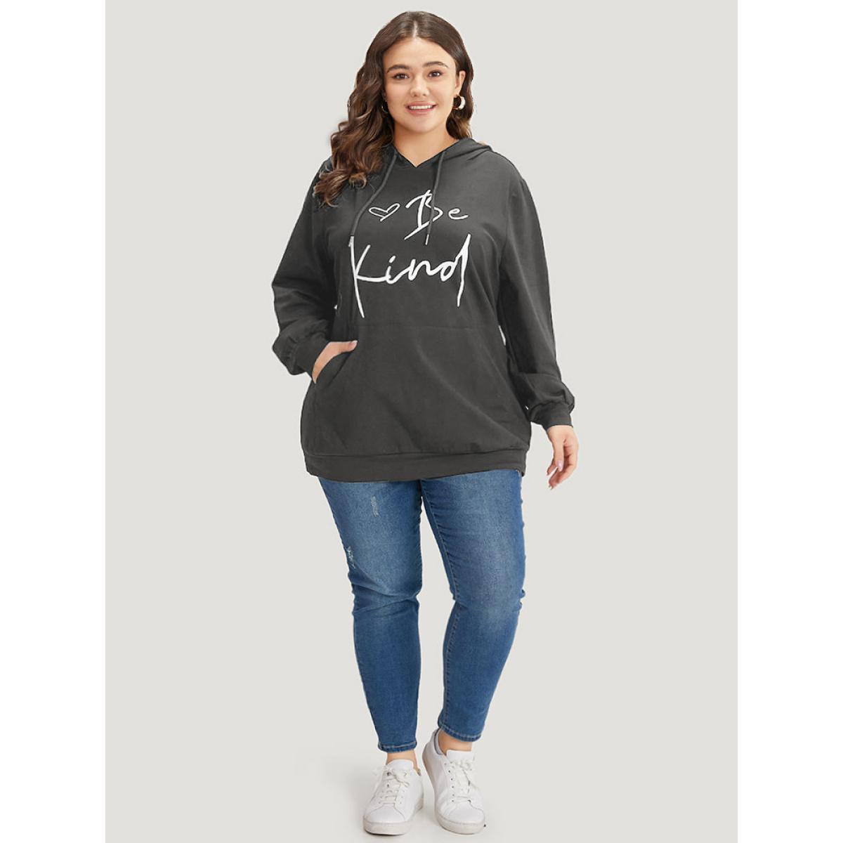 Plus Size Letter Print Pocket Drawstring Hooded Sweatshirt Women Gray Casual Elastic cuffs Dailywear Sweatshirts BloomChic 18-20/2X Product Image