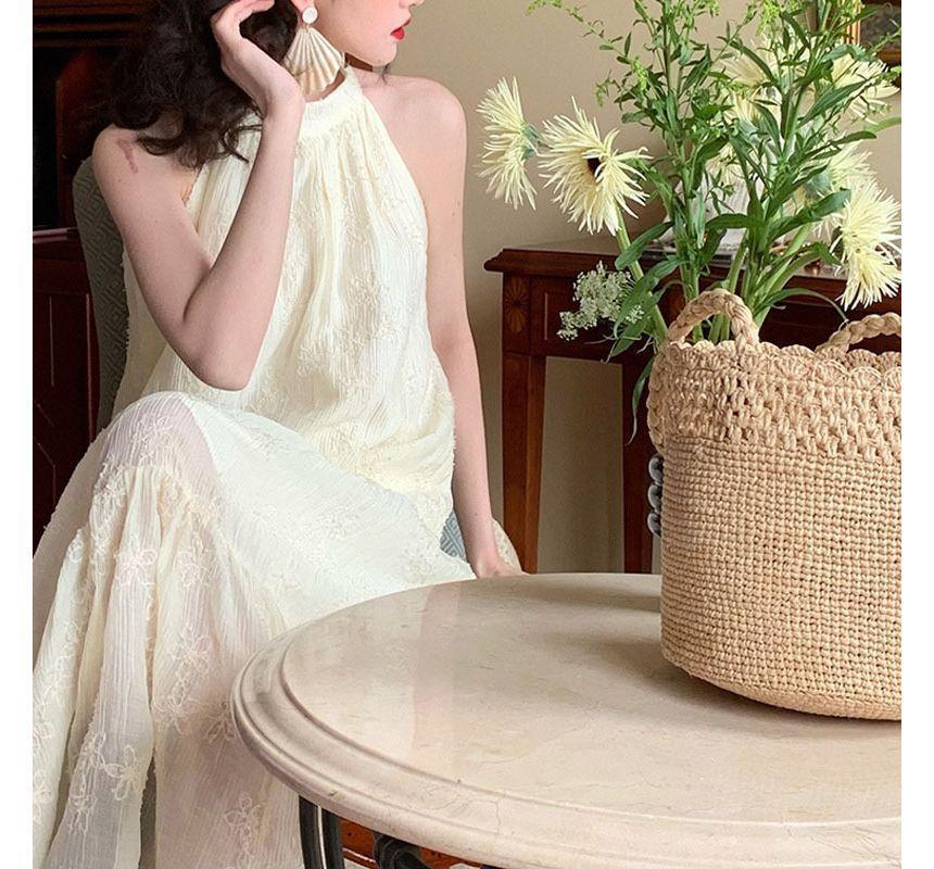 Halter-Neck Shirred Midi A-Line Lace Dress Product Image