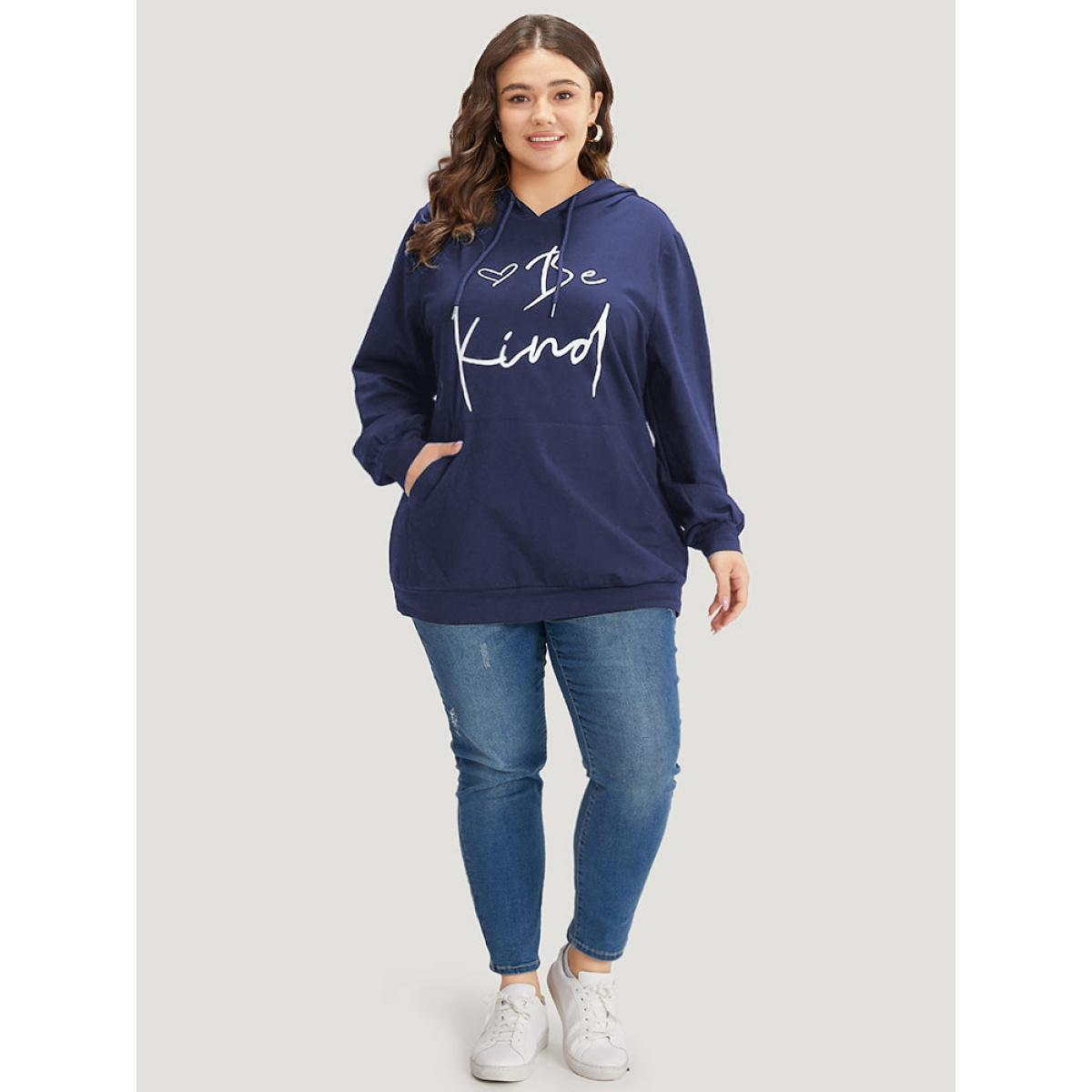Plus Size Letter Print Pocket Drawstring Hooded Sweatshirt Women Indigo Casual Elastic cuffs Dailywear Sweatshirts BloomChic 10/M Product Image