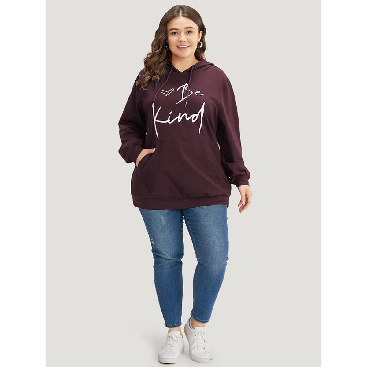 Plus Size Letter Print Pocket Drawstring Hooded Sweatshirt Women Black Casual Elastic cuffs Dailywear Sweatshirts BloomChic 26/4X Product Image