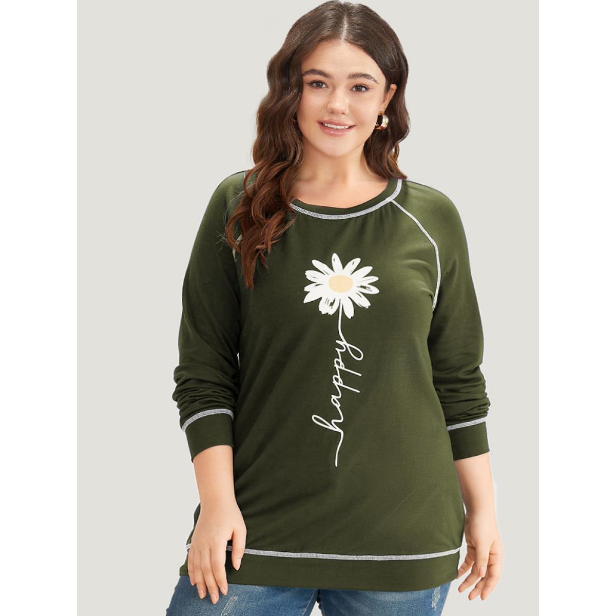 Plus Size Floral Print Stitch Crew Neck Raglan Sleeve Sweatshirt Women ArmyGreen Casual Elastic cuffs Dailywear Sweatshirts BloomChic 10/M Product Image