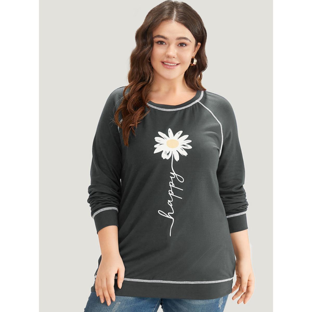 Plus Size Floral Print Stitch Crew Neck Raglan Sleeve Sweatshirt Women ArmyGreen Casual Elastic cuffs Dailywear Sweatshirts BloomChic 10/M Product Image