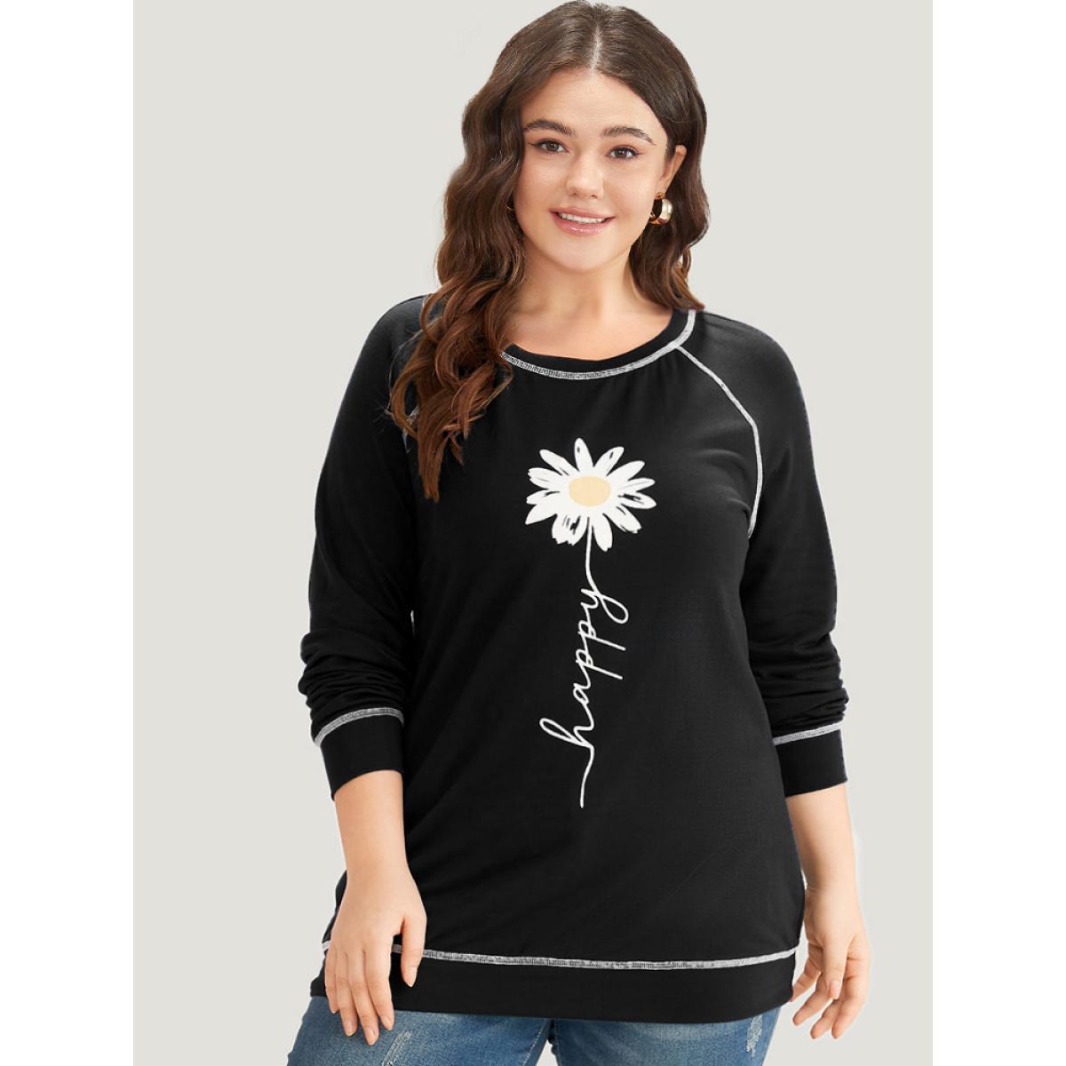 Plus Size Floral Print Stitch Crew Neck Raglan Sleeve Sweatshirt Women Black Casual Elastic cuffs Dailywear Sweatshirts BloomChic 10/M Product Image