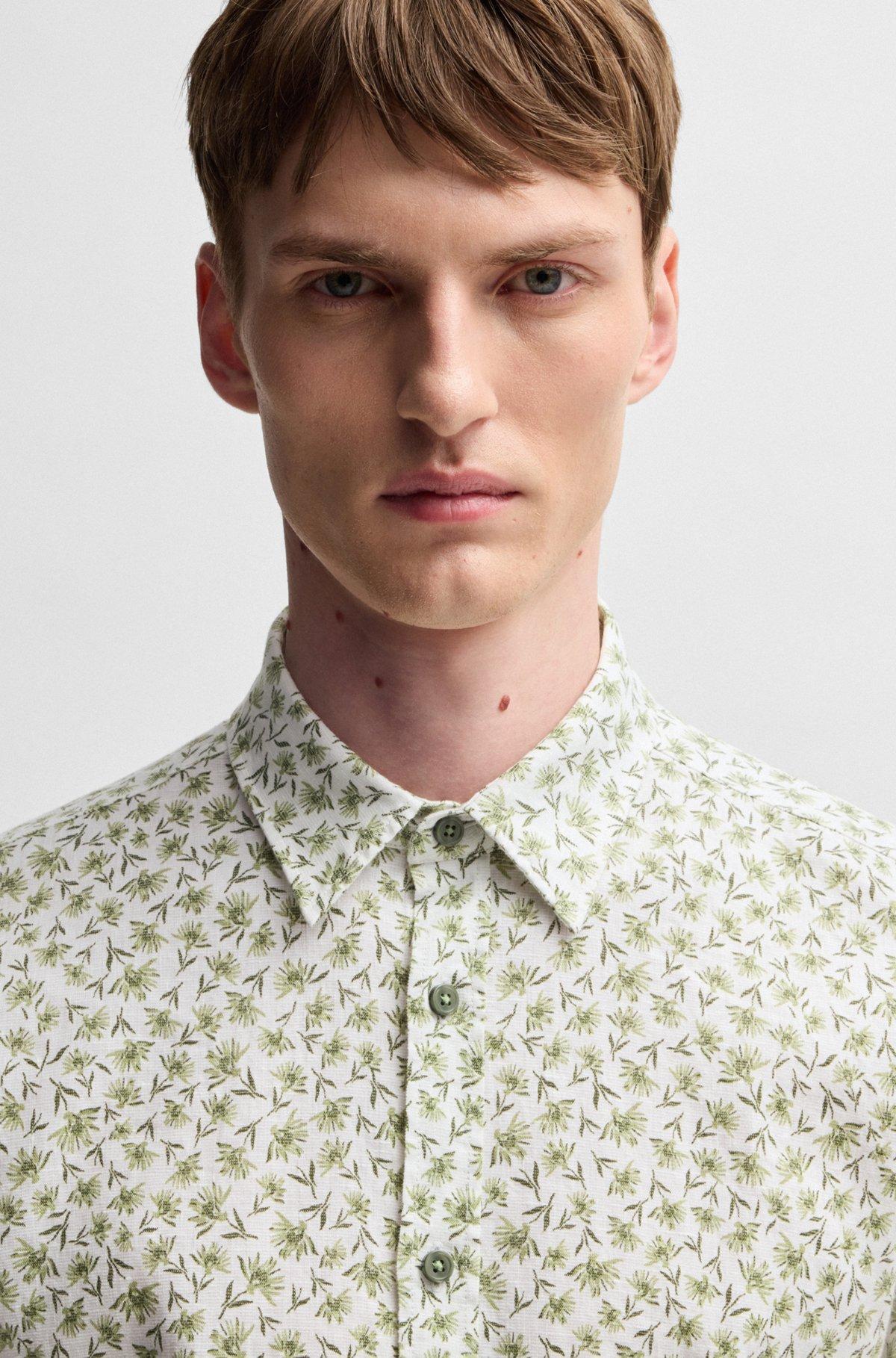 BOSS - Slim-fit shirt in floral-print stretch linen - Green Product Image