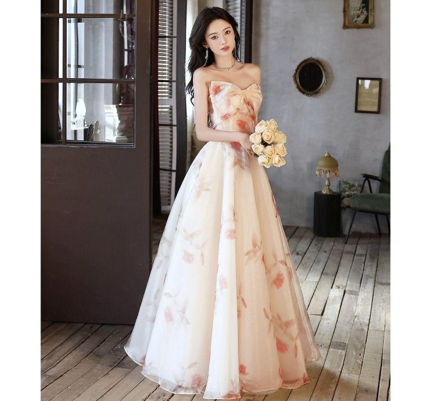 Strapless Floral Print Mesh A-Line Evening Gown Product Image