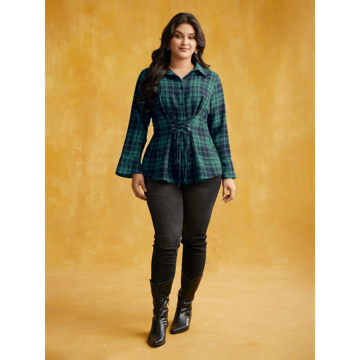 Plus Size Emerald Corset Plaid Waist-Cinching Blouse Women Elegant Long Sleeve Shirt collar Everyday Blouses BloomChic 12/L Product Image