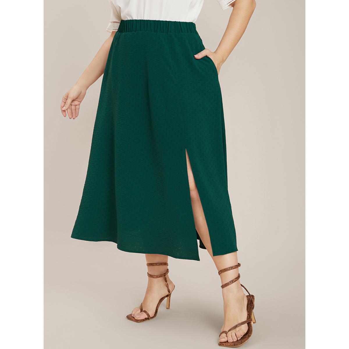 Plus Size Plain Textured Elastic Waist Pocket Split Hem Skirt Women DarkGreen Elegant Elastic Waist Loose No stretch Pocket Dailywear Skirts BloomChic 10/M Product Image