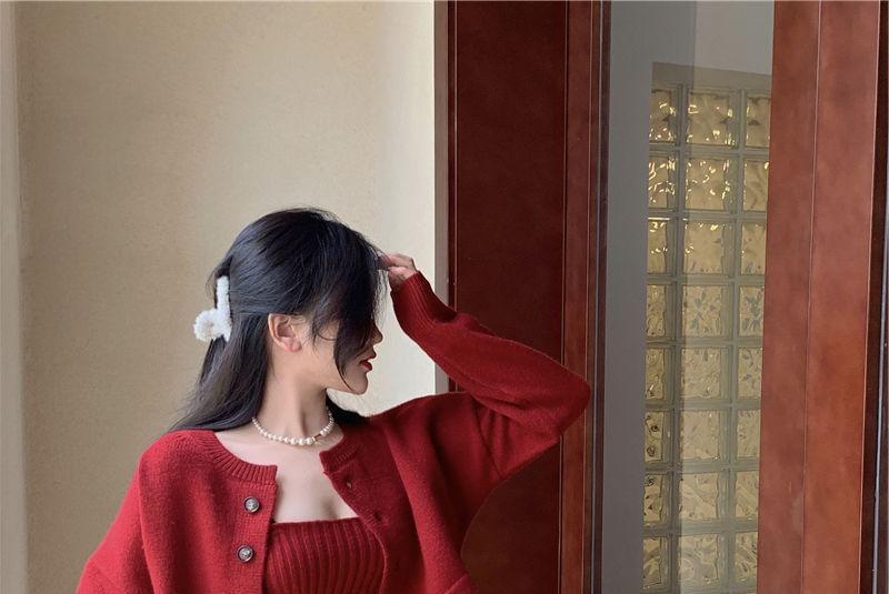 Set: Spaghetti Strap Plain Ribbed Knit Midi Dress + Round Neck Crop Cardigan Product Image
