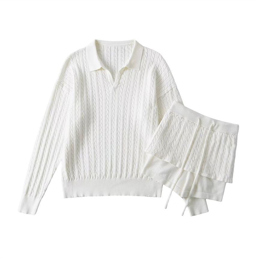 Polo Collared Plain Cable Knit Sweater Product Image
