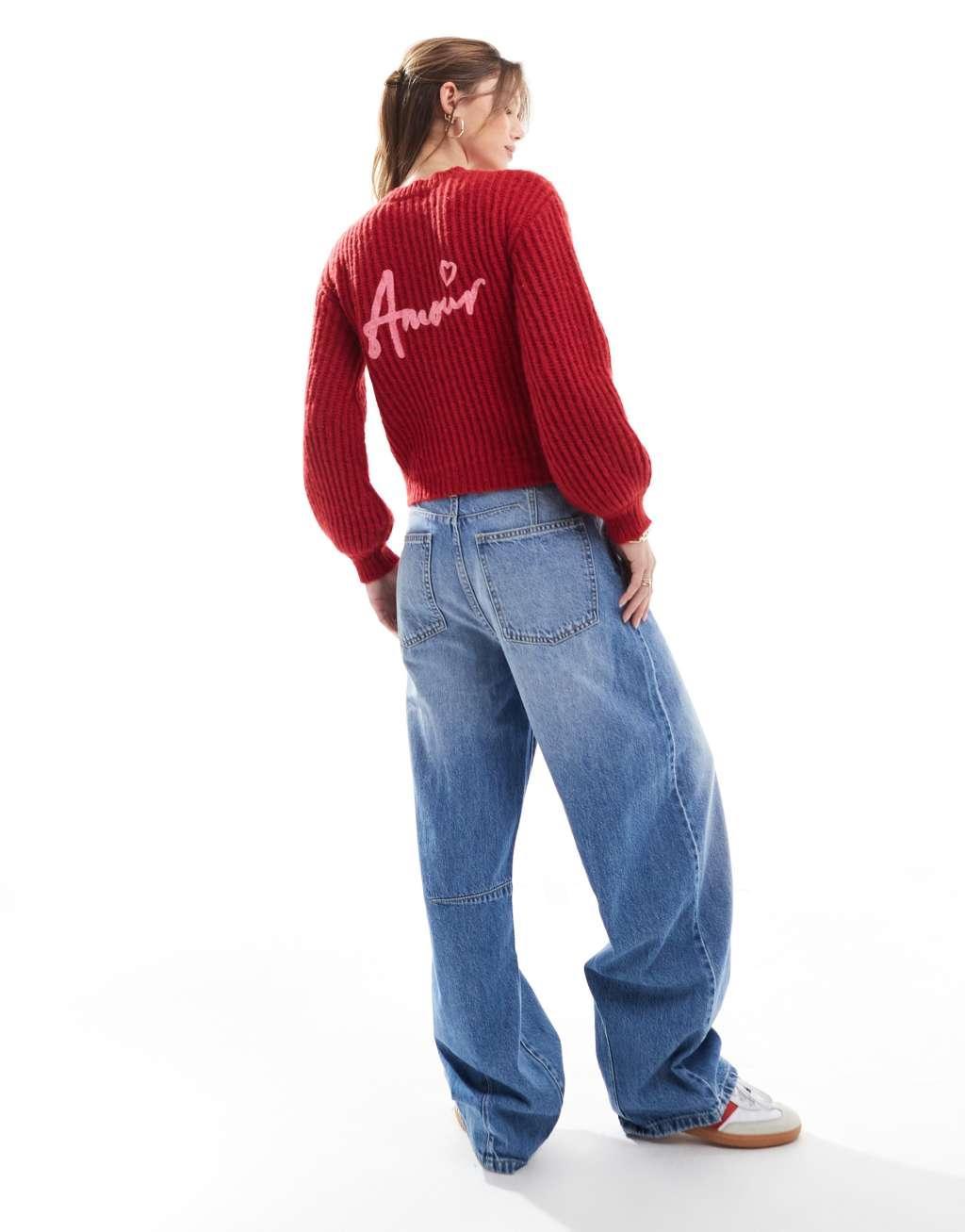 The Frolic exclusive volume sleeve Amour embroidered back detail heart button cardigan in red Product Image