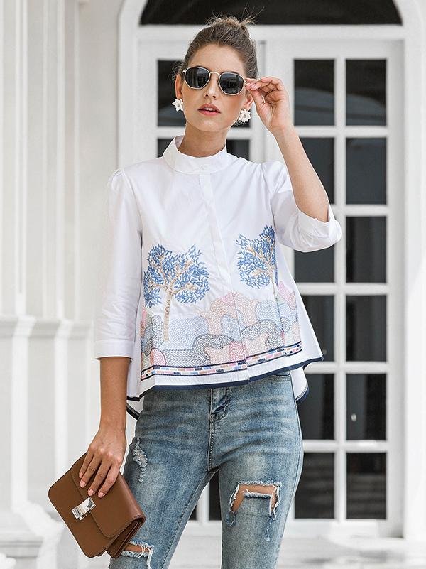 Casual Three-Quarter Sleeves Loose Embroidered Stand Collar Blouses&Shirts Tops Product Image