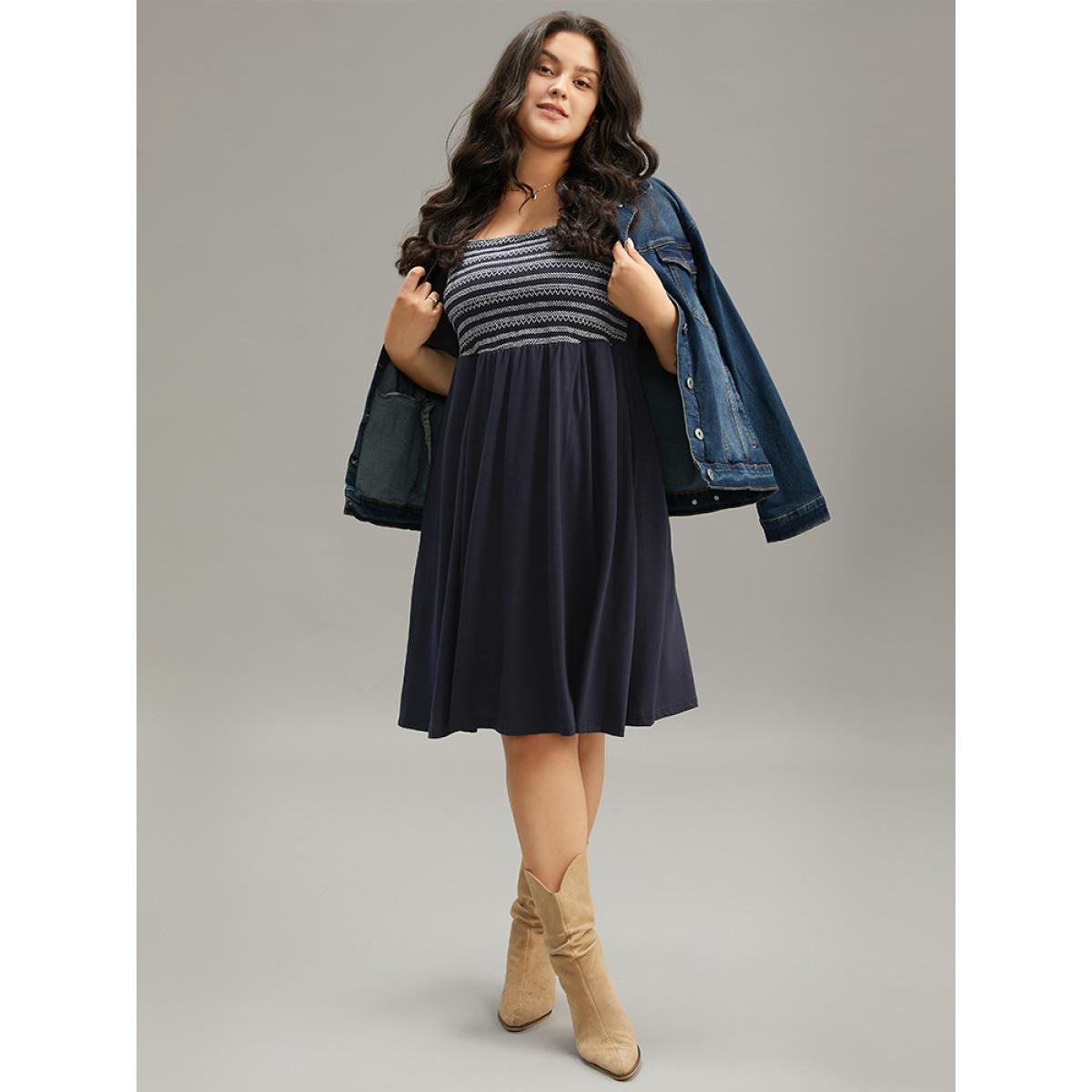 Plus Size Supersoft Essentials Striped Patchwork Pocket Gathered Square Neck Dress Indigo Women Casual Gathered Square Neck Short sleeve Curvy Midi Dress BloomChic 18-20/2X Product Image