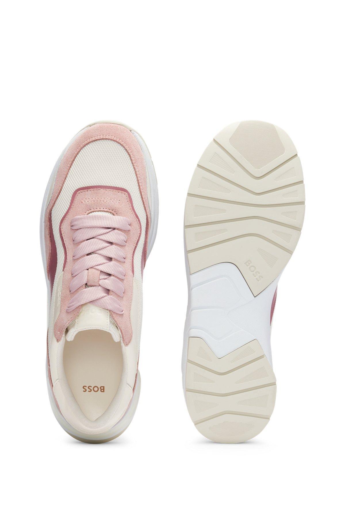 BOSS - Lace-up trainers with suede, mesh and faux leather - light pink Product Image